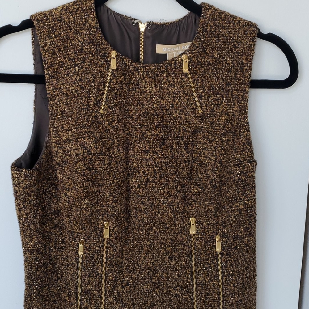 Michael Kors Brown Tweed Midi Dress with Gold Zipper Accents - Picture 2 of 7